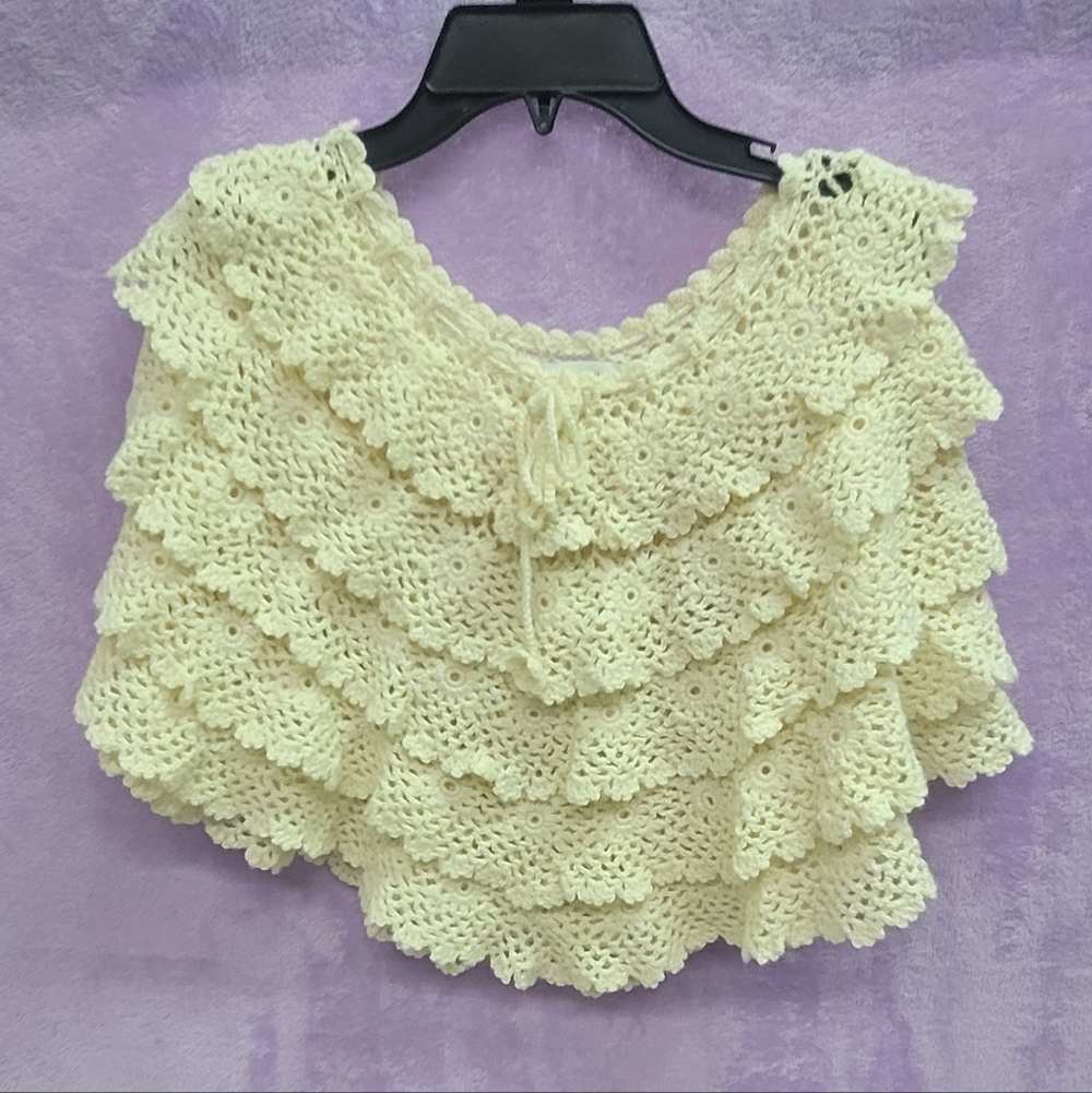 Newport News Cream Crochet Ruffle Poncho